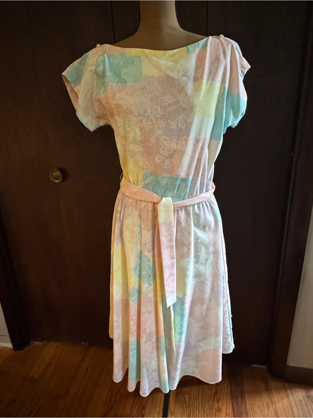 Vintage 80s Pastel Patchwork Midi Dress with Self-Tie Belt